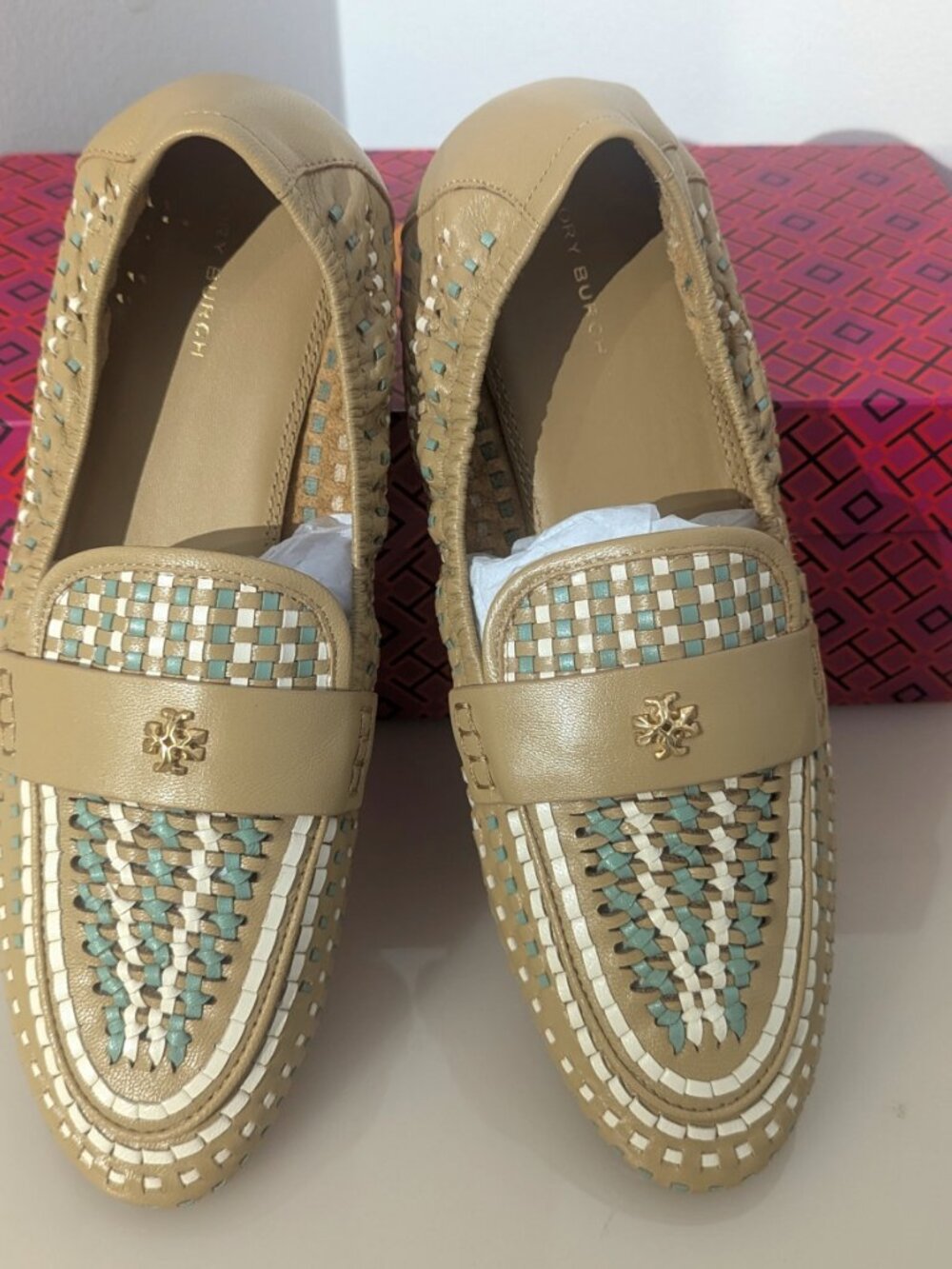 Tory Burch $348 Woven Ballet Loafer Flats Tan Blue SUPER COMFY! - Picture 7 of 12